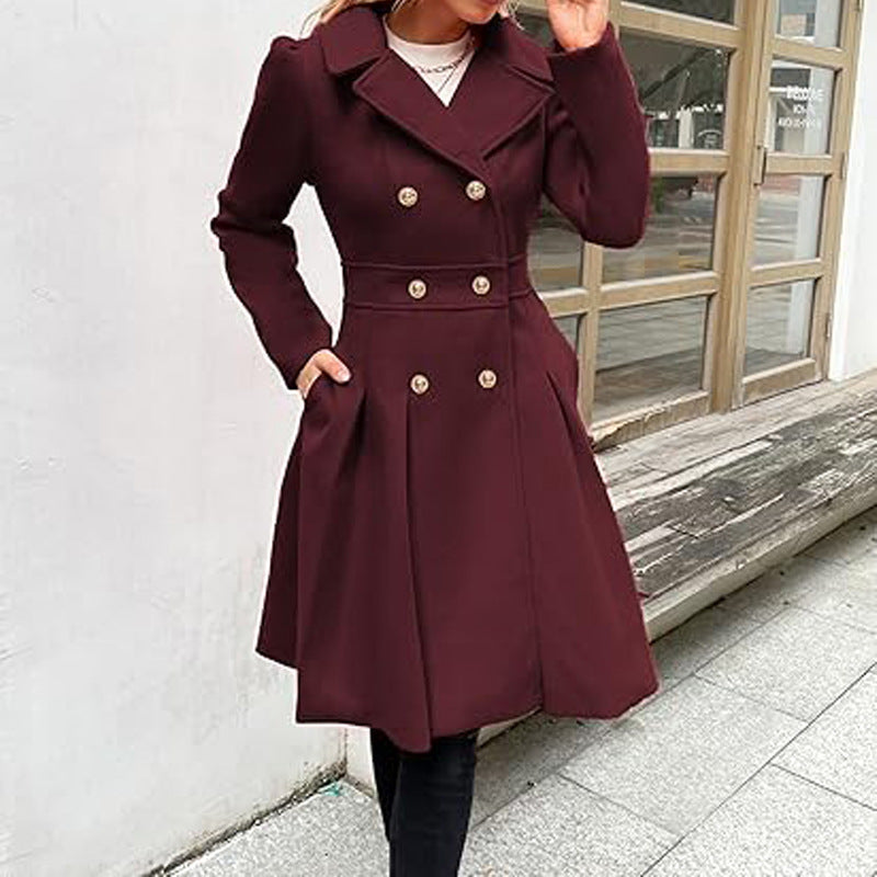 Women Fall and Winter Turndown Collar Double-Breasted Pocket Windbreaker 39