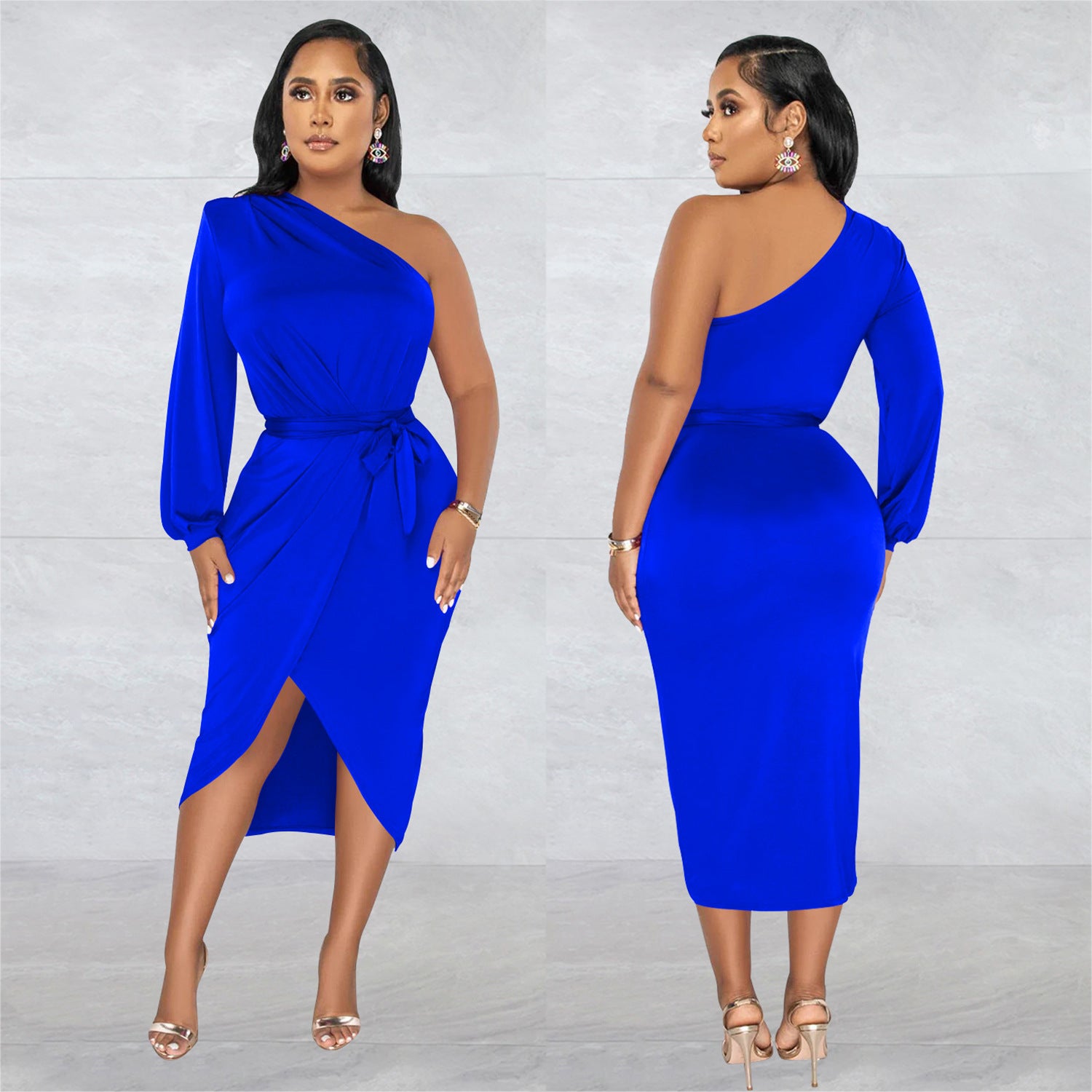 Women's Fashion Solid Color Single Long Sleeve Slash Shoulder Maxi Dress 8