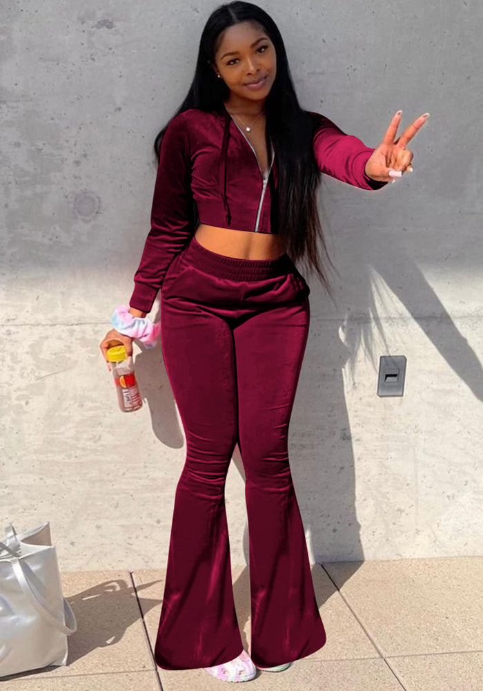 Women's Velvet Hooded Top Wide-Leg Pants Sports Casual Two Piece Set