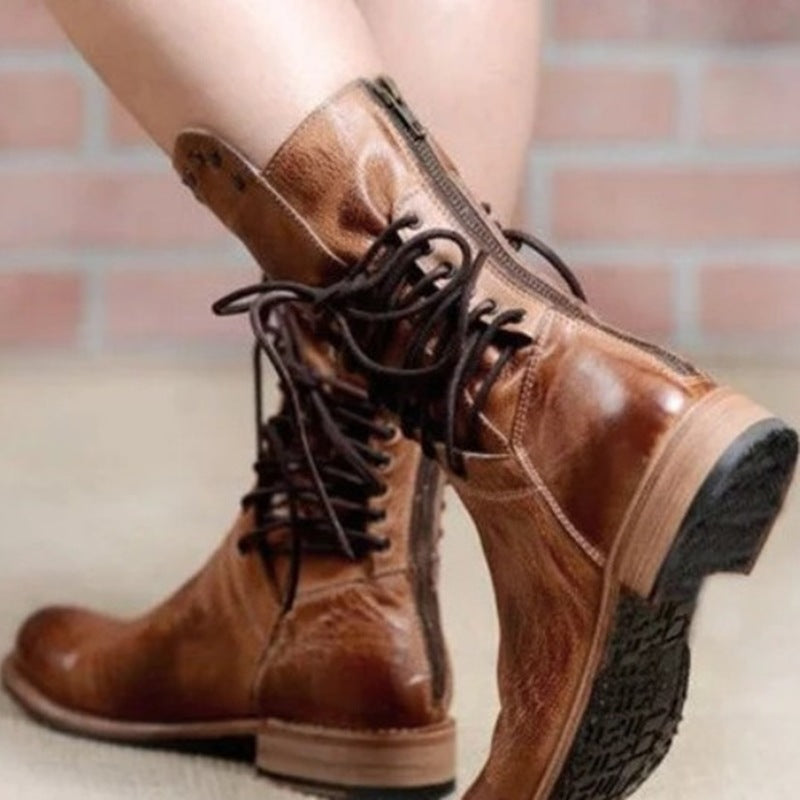 Women Knight Lace-Up thick heel mid-calf Roman boots 6