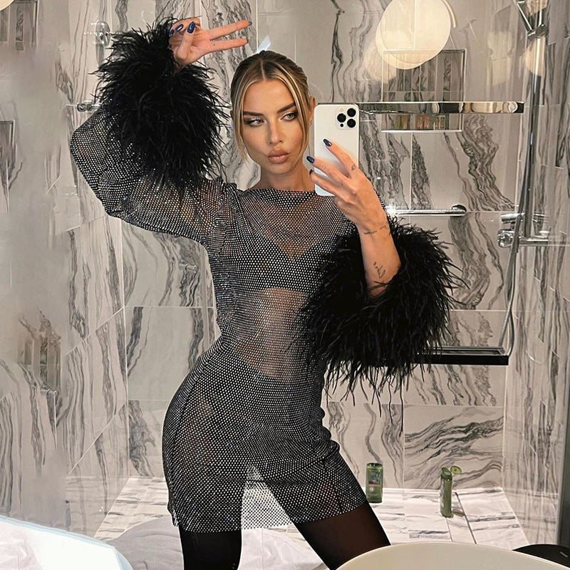 Furry Long Sleeve See-Through Mesh Fashion Trend Sexy Women's Nightclub  Dress