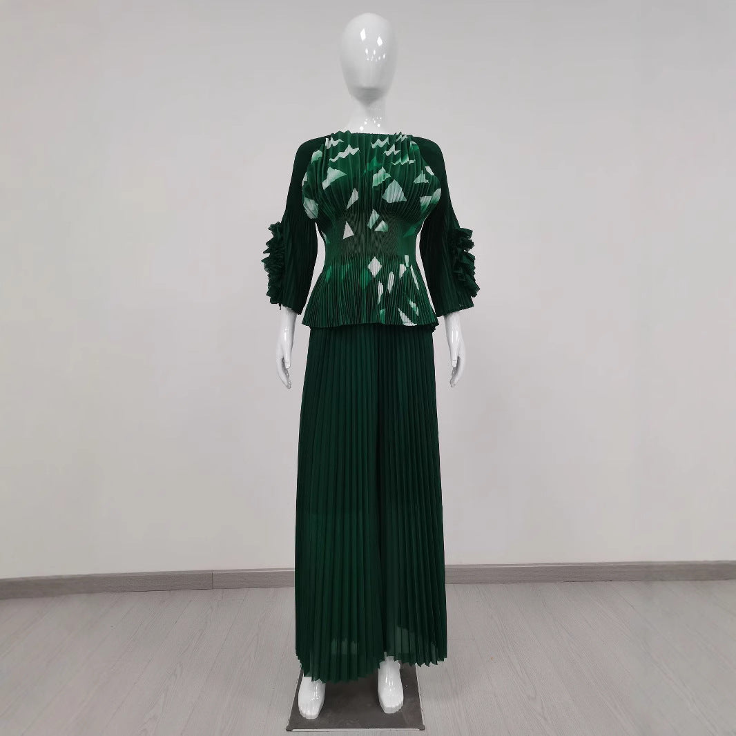 Plus Size Women Casual Pleated Top and Wide Leg Pants Two Piece Set 10