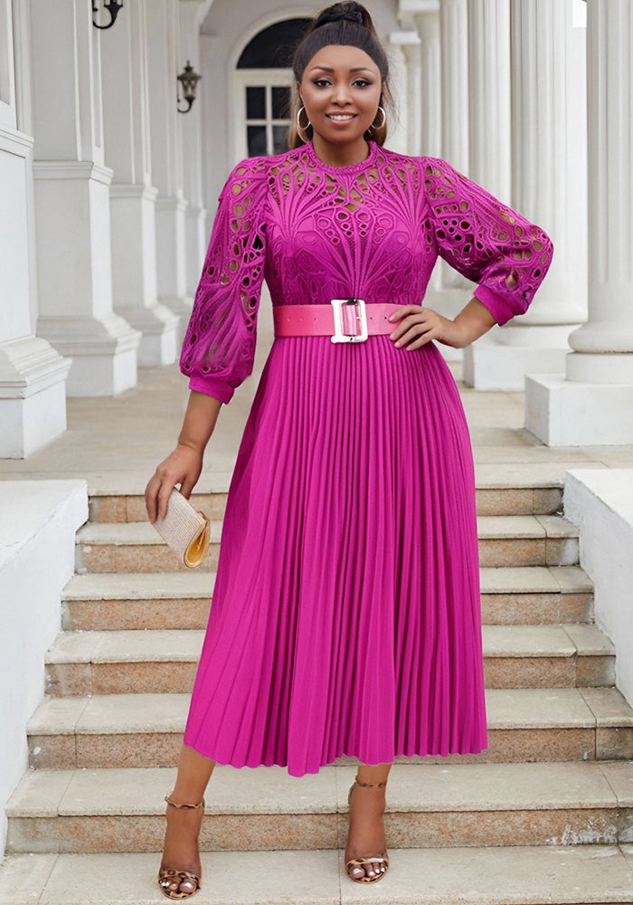 Plus Size Women lace hook flower sexy hollow pleated dress