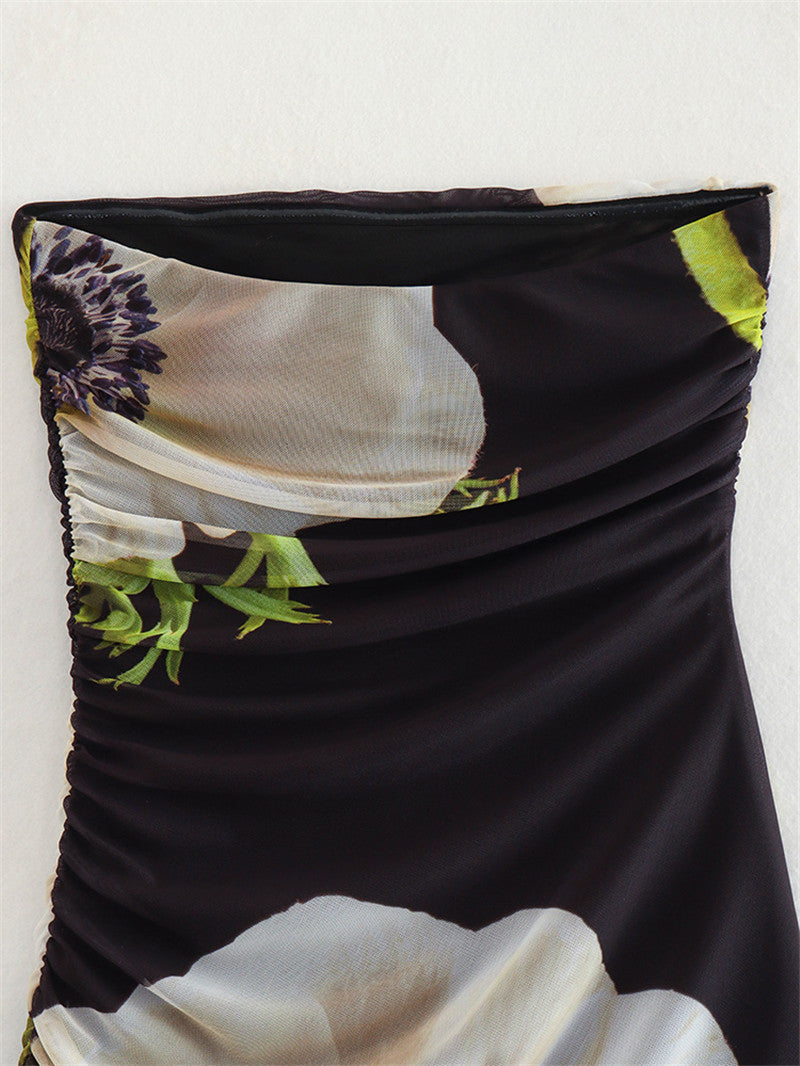 Autumn Fashion Chic Strapless Printed Tulle Midi Dress for Women 9