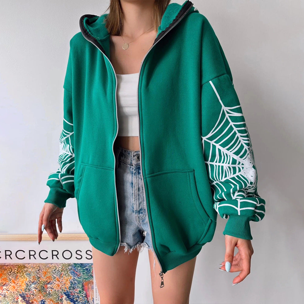 Autumn And Winter Spider Web Print Street Trendy Zipper Hooded Coat Casual Hoodies 5