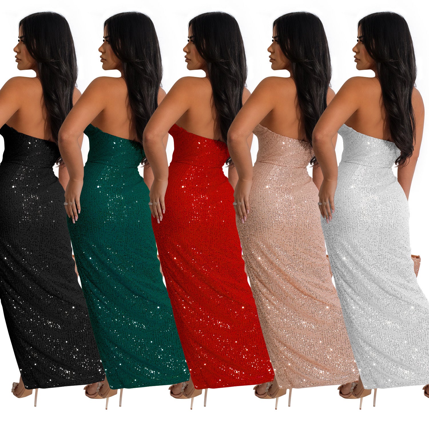 Fashion Women's Solid Color Sexy Sequin Low Back Long Dress 10