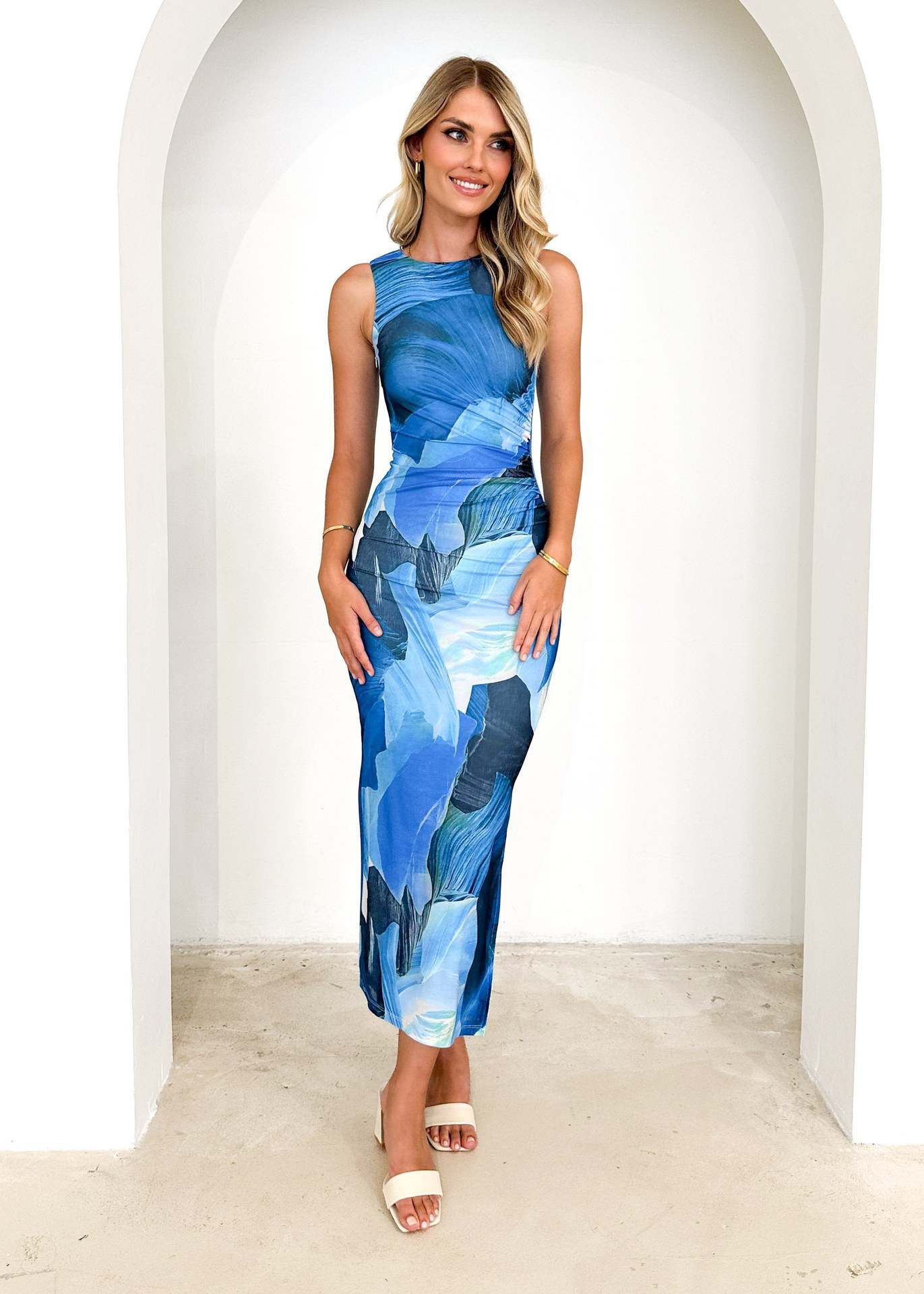 Women's Spring Summer Chic Sexy Printed Sleeveless Slim Waist Slim Long Dress 3
