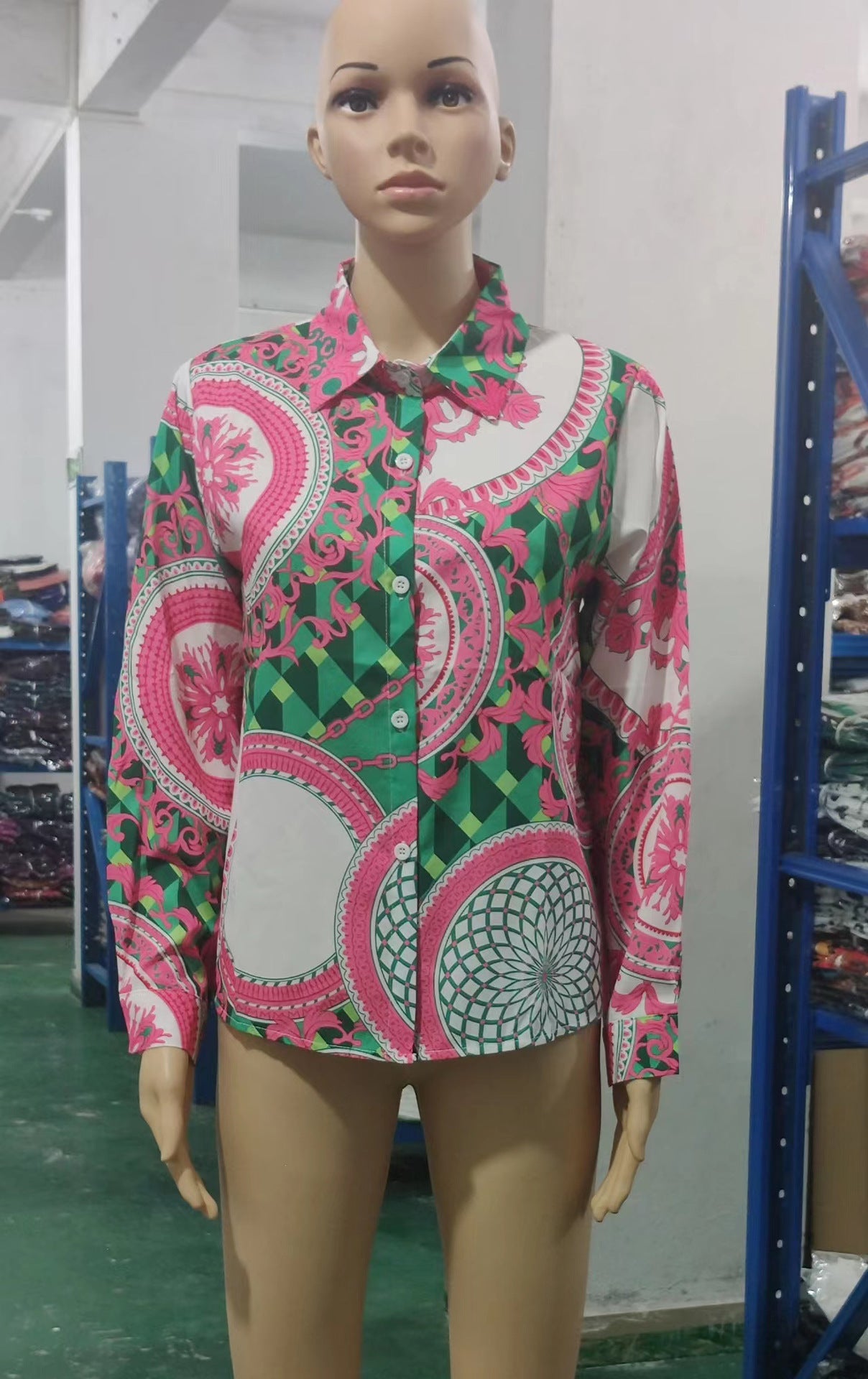 Women's Tops Spring Autumn Turndown Collar Printed Long Sleeve Button-Down Shirt 11