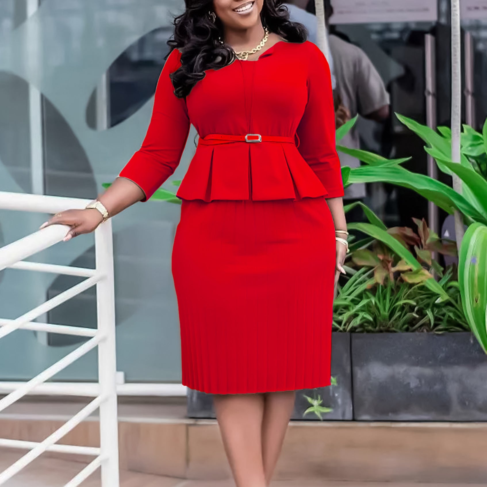 Winter Women's V-Neck Ruffled High Waist Slim Fit Pencil Dress 4