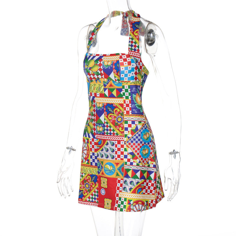 Summer Women's Fashion Printed Sexy Halter Neck Low Back Dress 7