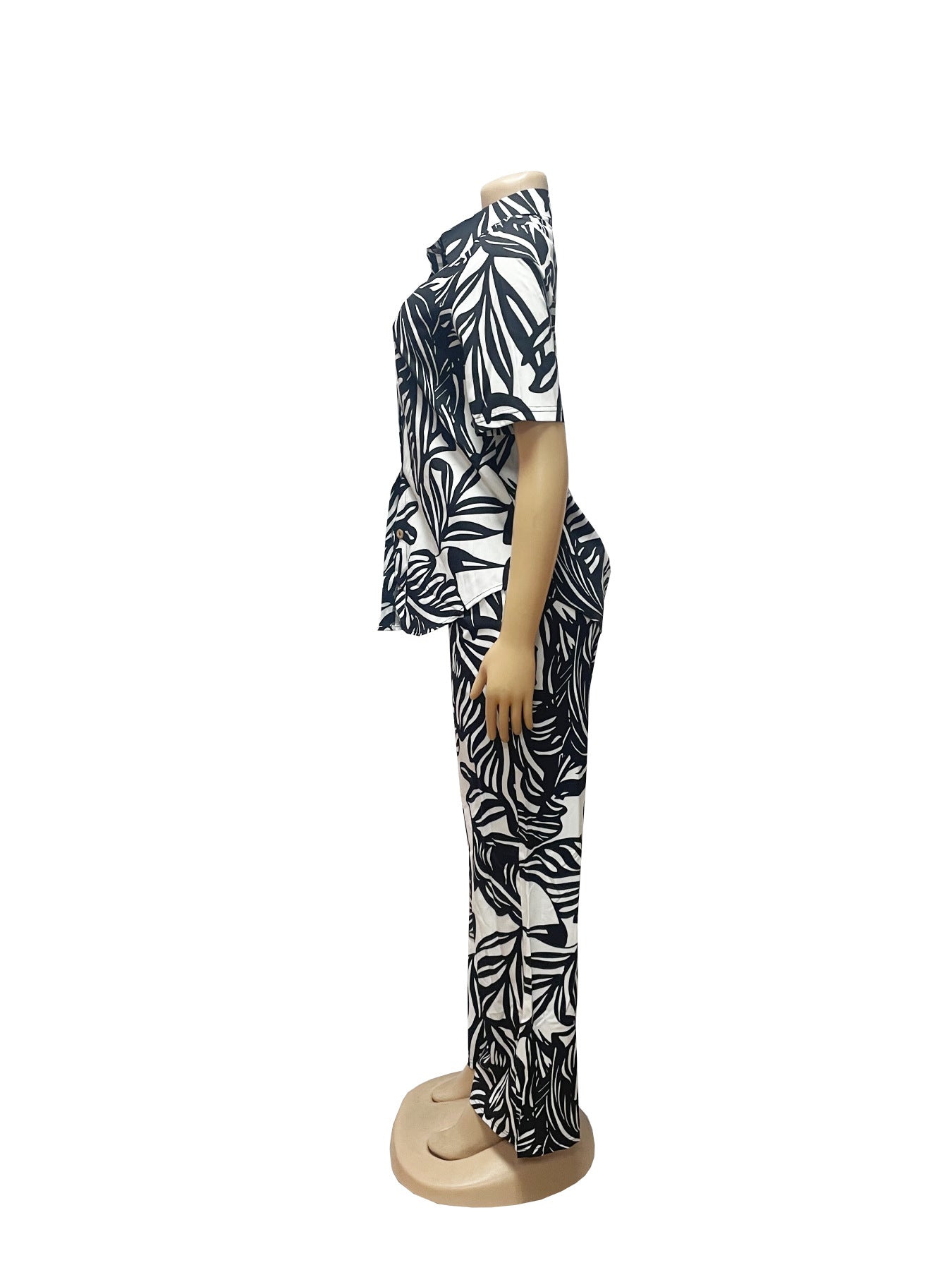 Women Summer Printed Turndown Collar Short Sleeve Top and Wide Leg Pants Two-piece Set 10