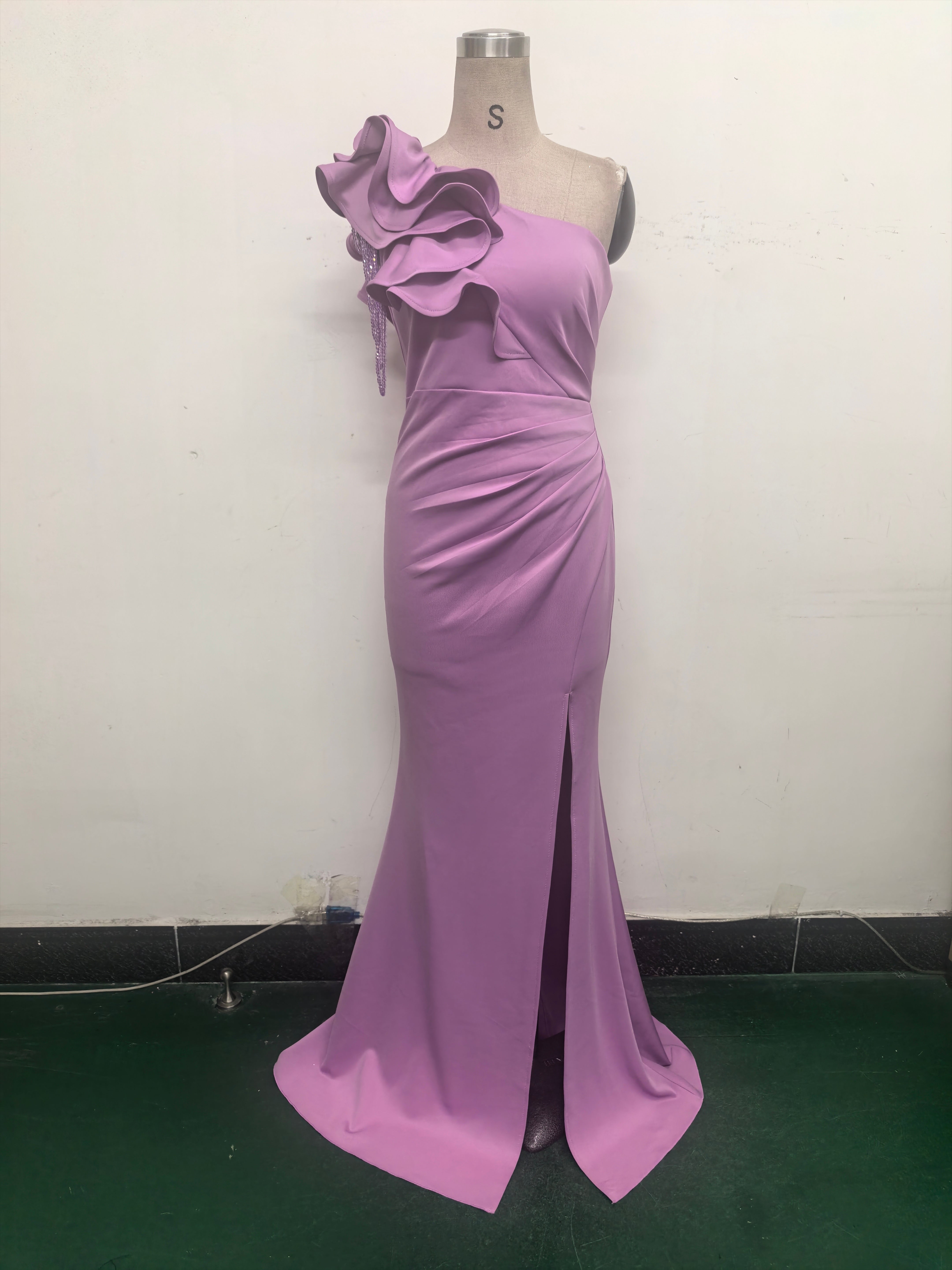 Women One-Shoulder Beaded Wool and Floral Satin Slit Sexy Evening Dress 43