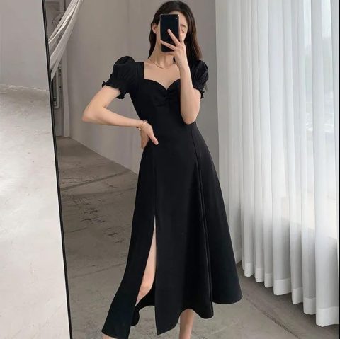 Women Summer French Style Puff Sleeve Square Neck Slit Long Dress 4