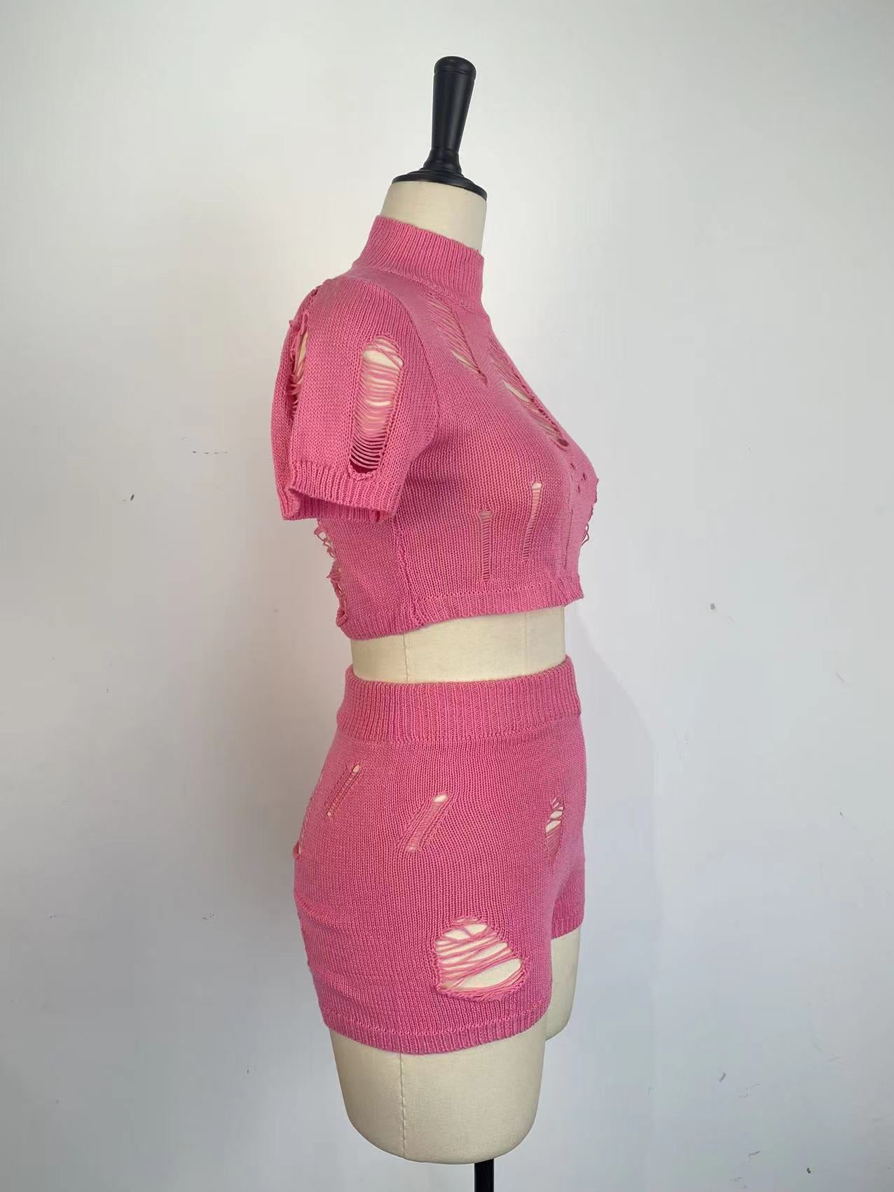 Women Fashion Knitting Tight Fitting Hollow Out Sexy Two Piece Shorts Set Spring Summer 17