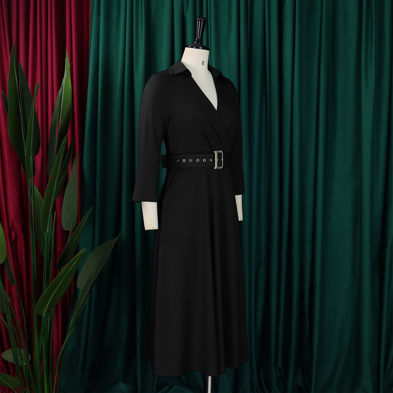 Plus Size Women Autumn Turndown Collar Solid Dress 18