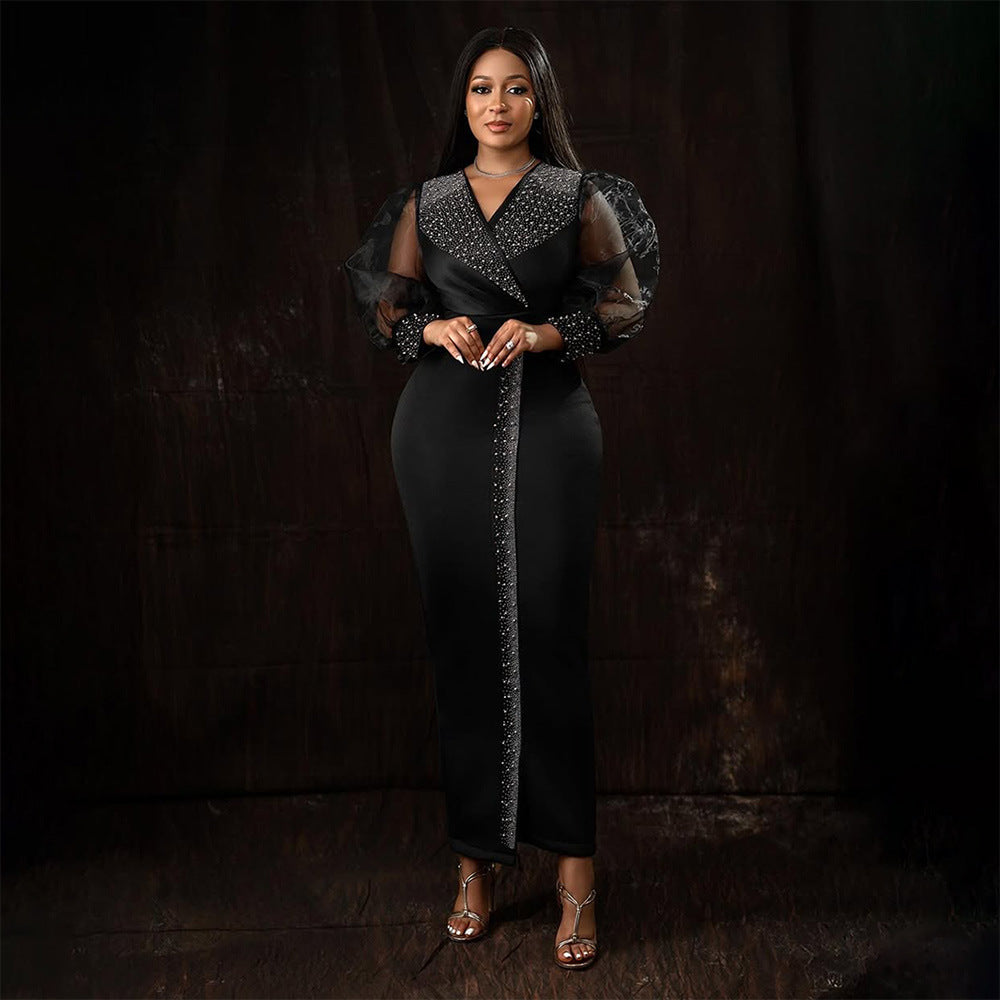 Women Beaded Puff Sleeve Stretchy V-Neck Maxi Dress