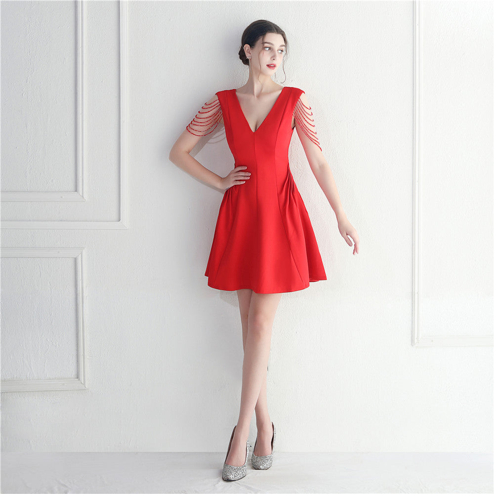 Women Elegant Beaded Mini Evening Dress