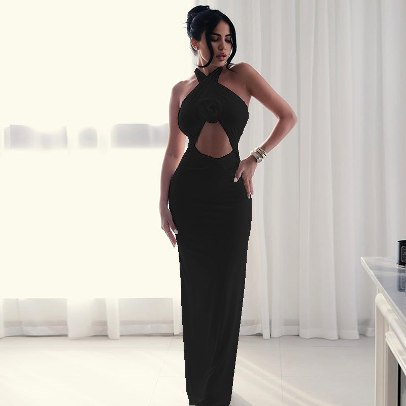 Women's Hollow-Out Fashion Slit Pleated Low Back Cross Halter Neck Solid Long Dress 4