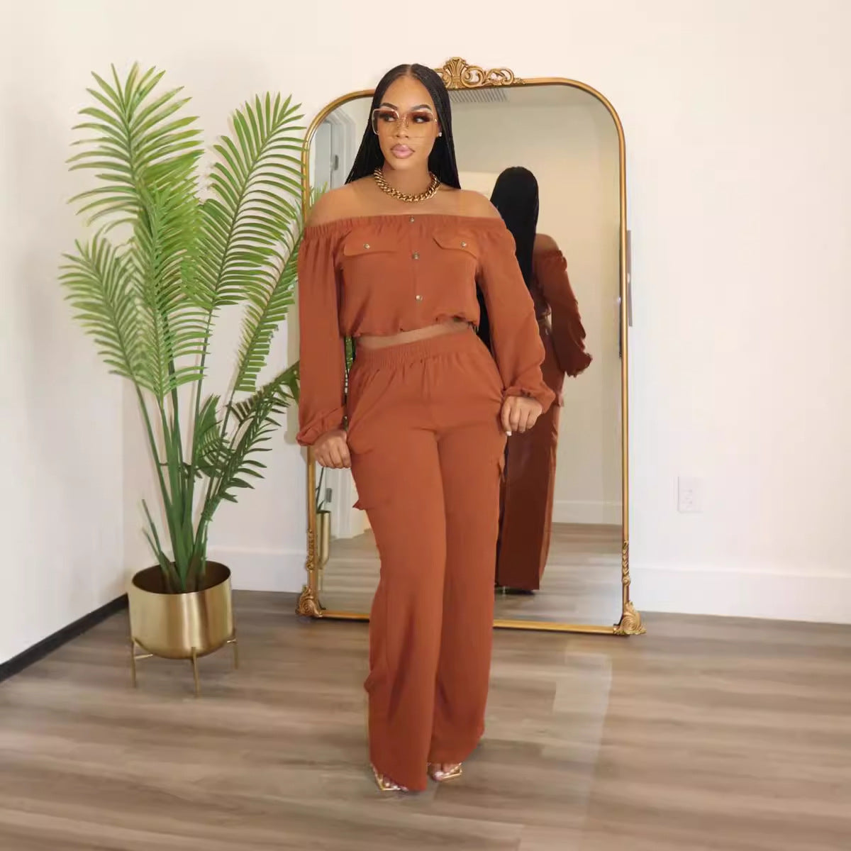 Women Solid Sexy Off Shoulder Long-sleeved Top and Wide-leg Pants Two-piece Set 6