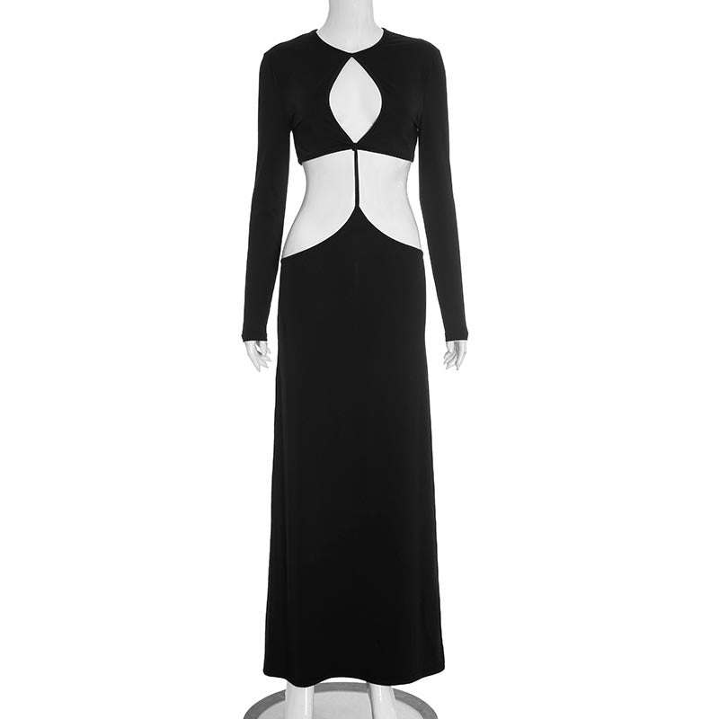 Women's Sexy Hollow Out Round Neck Long Sleeve Open Waist Slim Maxi Dress 4