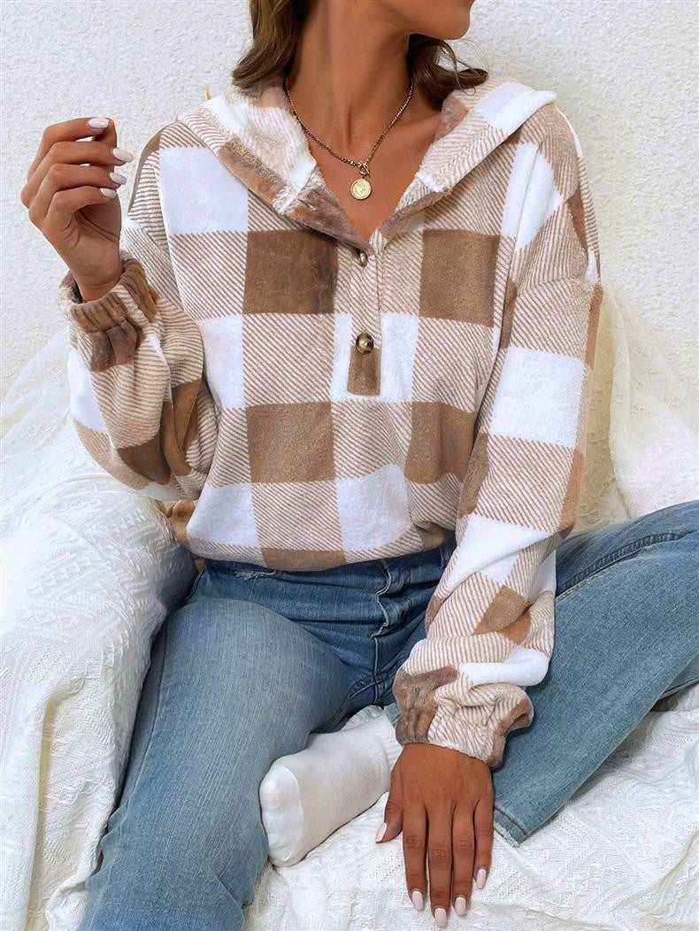 Autumn And Winter Plaid Button Hooded Loose Casual Hoodies Women's Clothing 3