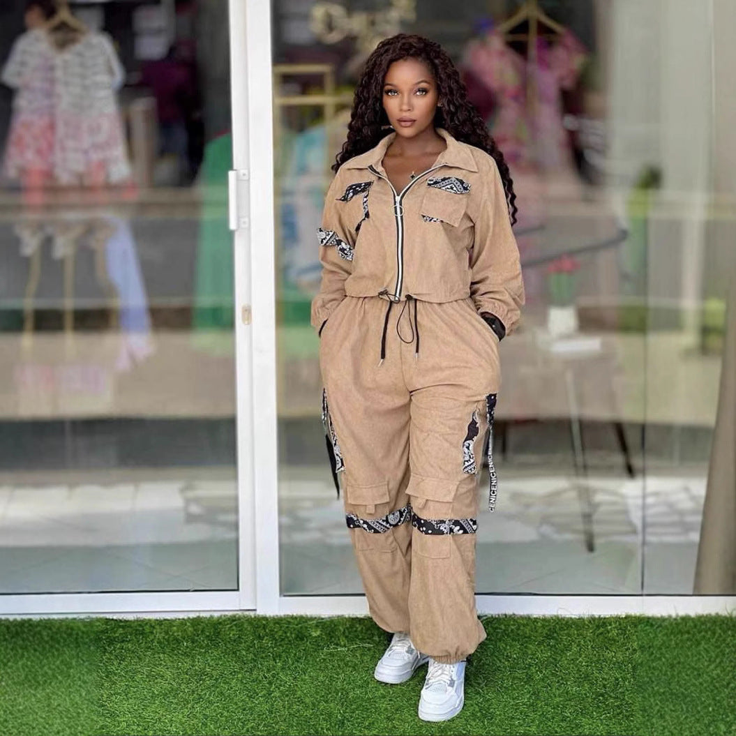 Plus Size Women Colorblock Top and Cargo Trousers Casual Two Piece Set 5