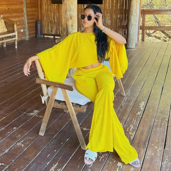 Women's Pleated Slash Shoulder Top and Pants Africa Chic Set