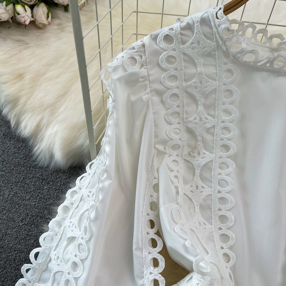 Spring Autumn Retro Chic Lantern Long Sleeve Lace Hollow Patchwork Round Neck Slim Waist Casual Dress 9