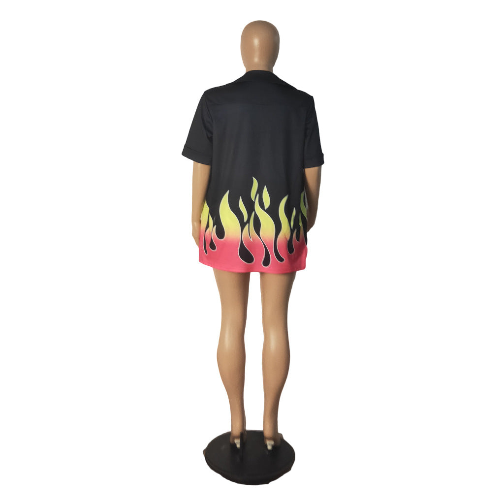 Flame Print Sexy Turndown Collar Women's Fashion Two-Piece Set 8