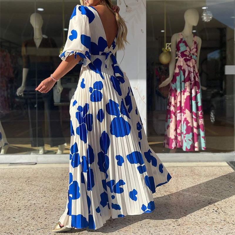 Summer Women's Fashion V-Neck Half-Sleeve Print Maxi Dress 3