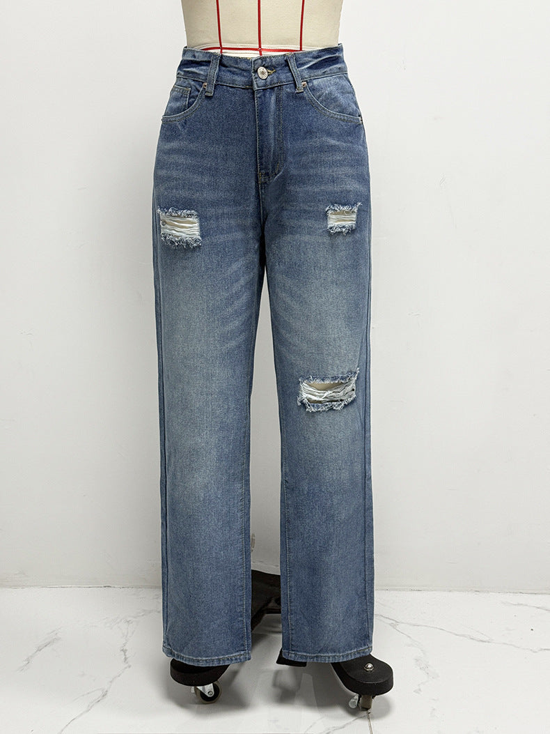 Loose High-Waist Straight Ripped Denim Women's Pants 8