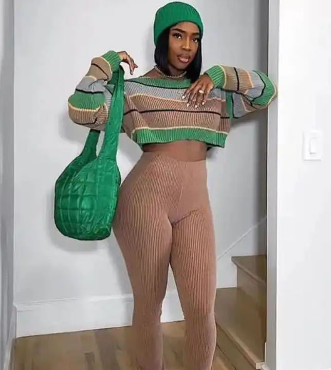 Women Striped Long Sleeve Crop Top and Pant Two Piece Set 4