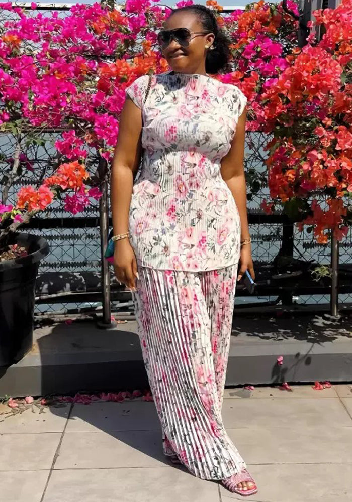 Women's Flower Pleated Top & Loose Pants Set