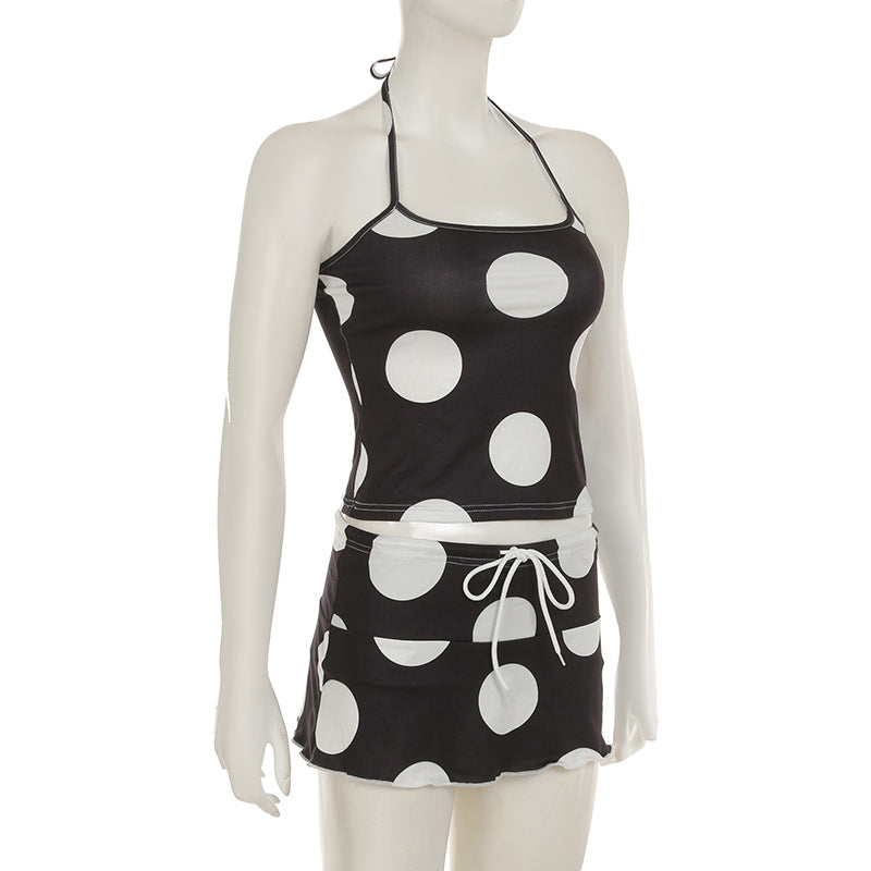 Polka Dot Black And White Contrast Print Halter Neck Crop Strap Top Drawstring High Waist Ruffle Skirt Casual Sexy Two Piece Set 9