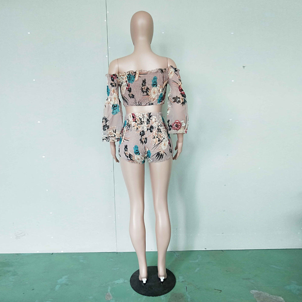 Women's Fashion Print Off Shoulder Bell Bottom Sleeve Two-Piece Set 17