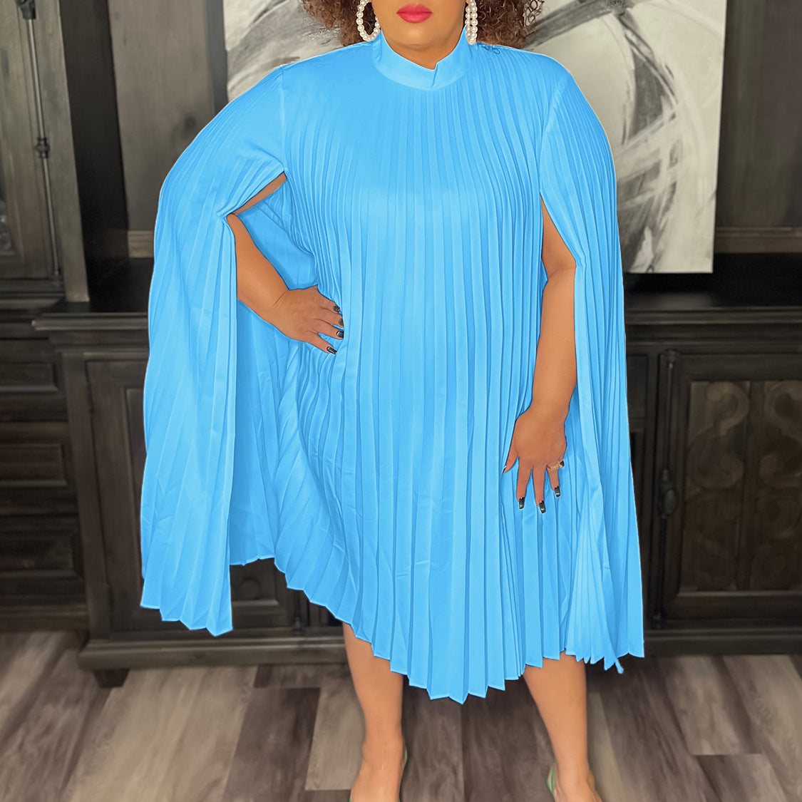 Women's Fashion Chic Elegant Cape Sleeve Loose Pleated Plus Size African Dress 13