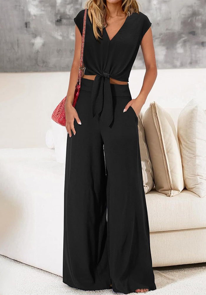 Summer Cap Sleeve V-Neck Lace Crop Top High Waist Slim Wide Leg Pants Set