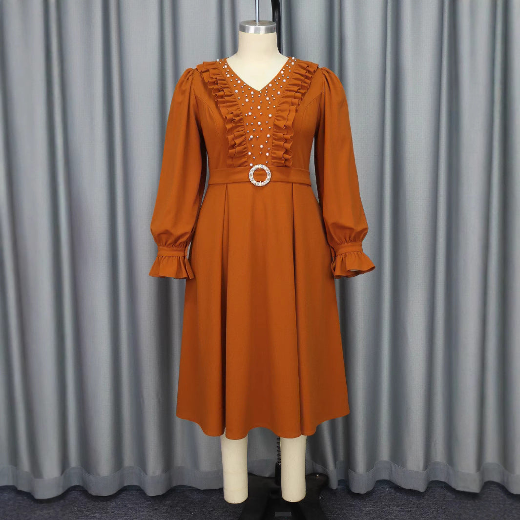 Plus Size Women V-neck lantern sleeve Ruffle Edge party beaded dress 3