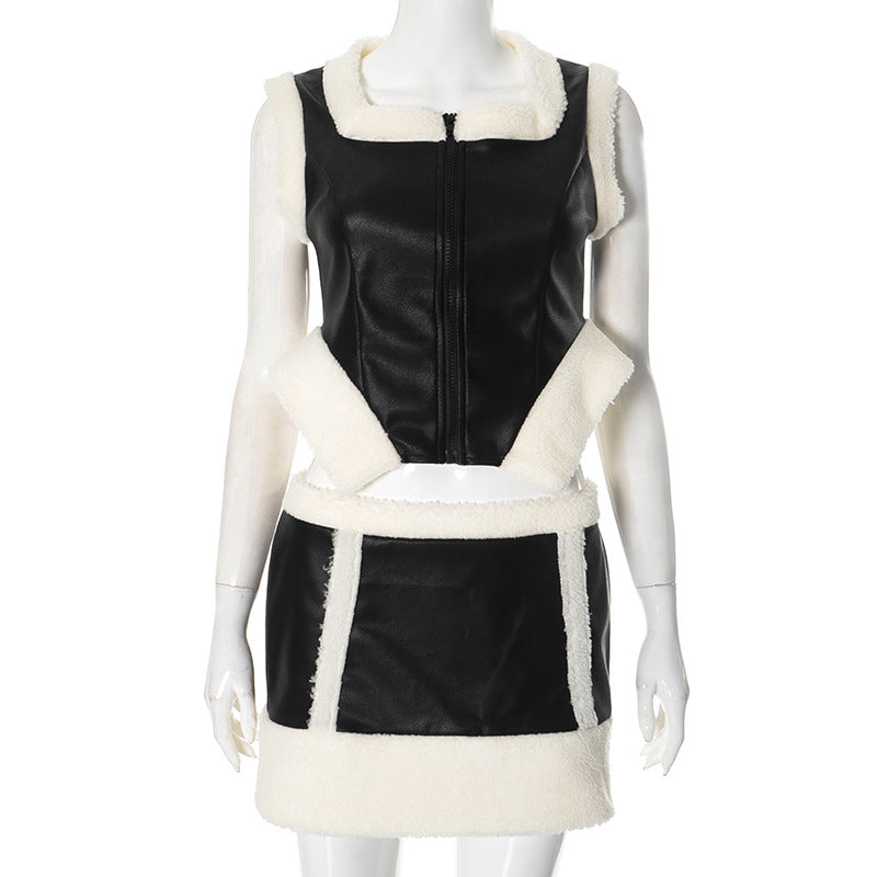 Women zipper fur edge patchwork pu-leather top and skirt two-piece set 6