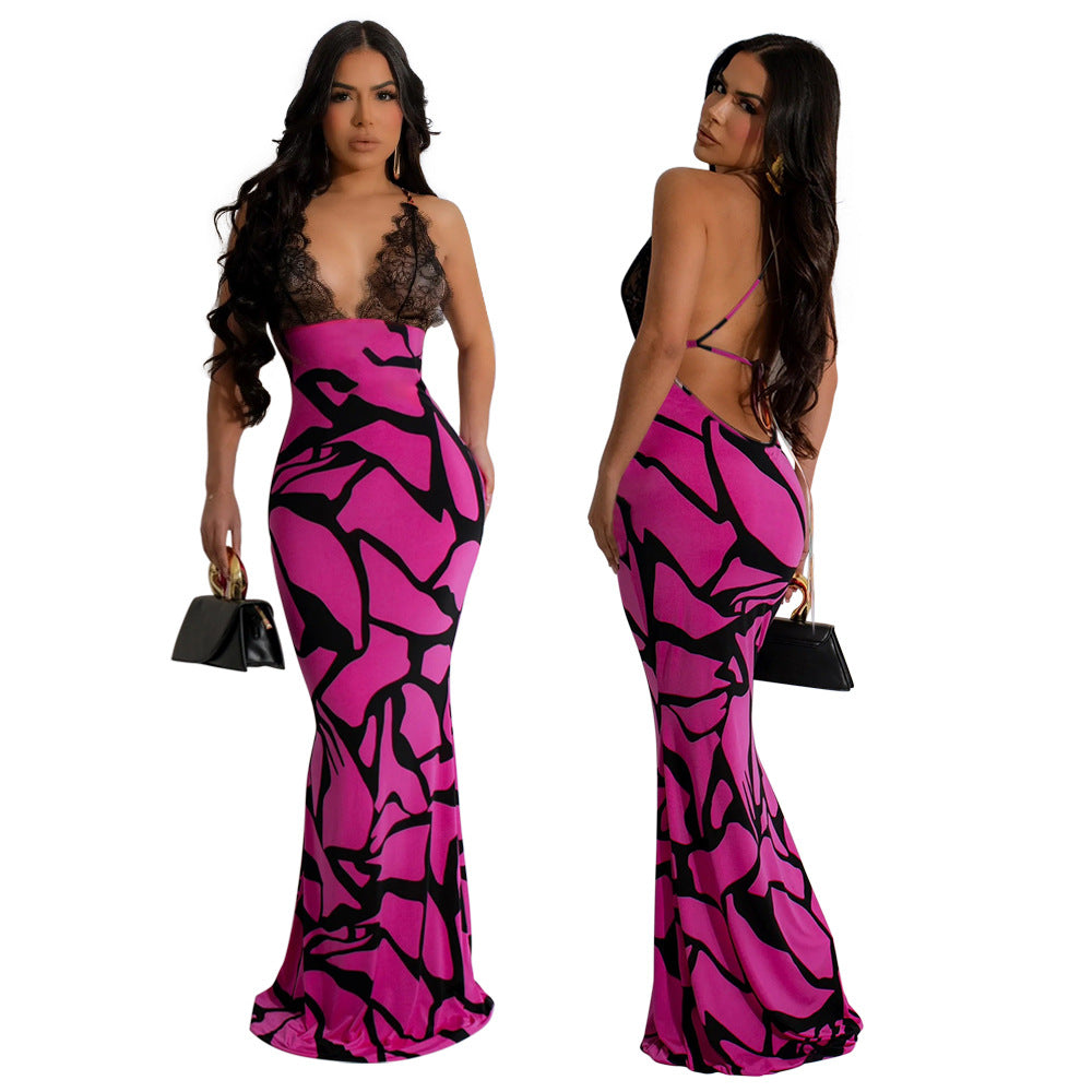 Women's fashion sexy lace patchwork halter v-neck Low Back print slim long dress