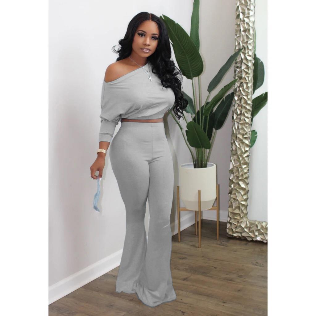 Women's Casual Bat Long-Sleeved Top Bell Bottom Pants Two-Piece Set 3