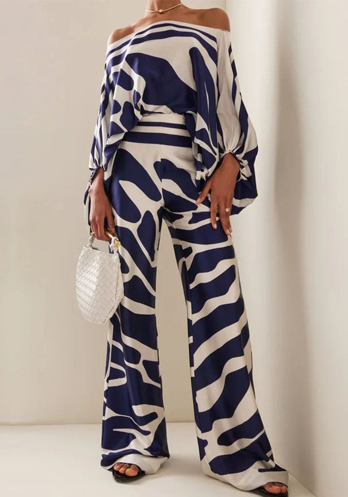 Summer Women's Printed Off Shoulder Top Slim Fit Wide Leg Pants Casual Chic Two Piece Set