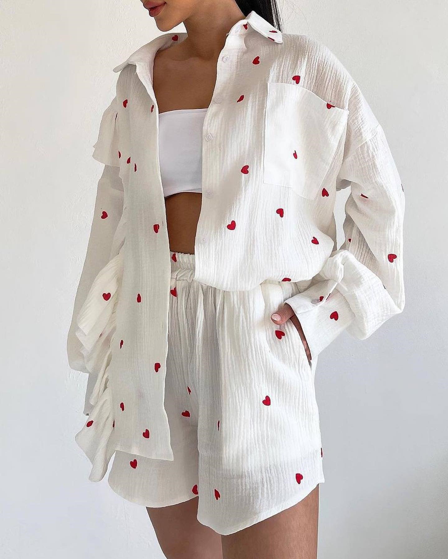 Women Fall Ruffle Heart Print Shirt and Wide-Leg Shorts Casual Two-Piece Set 5