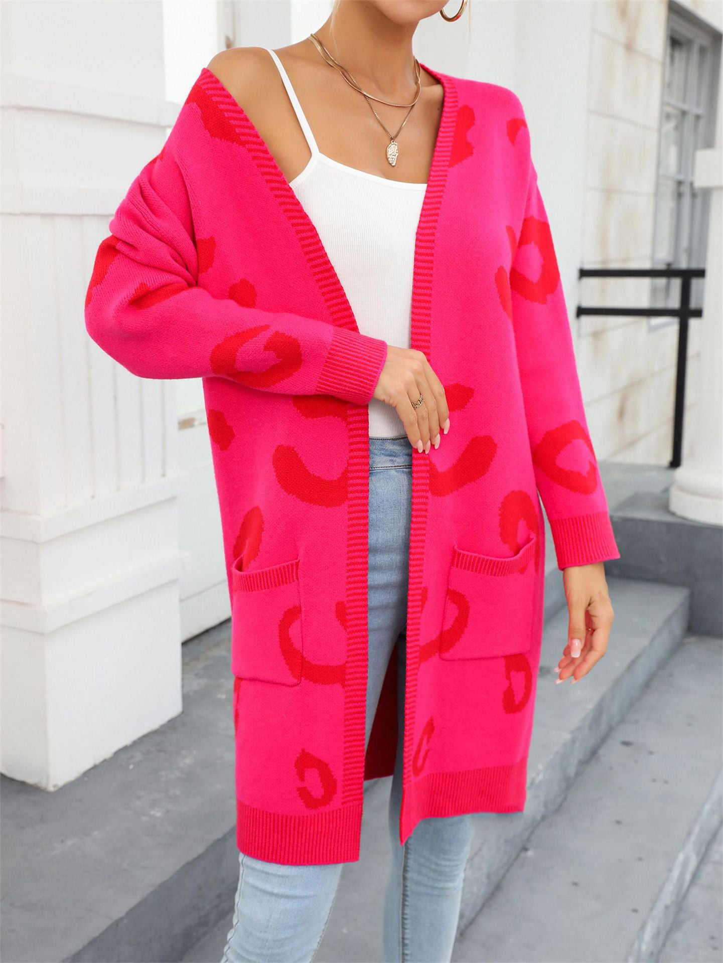 Plus Size Women Fall and Winter Leopard Knitting Cardigan Sweater 8