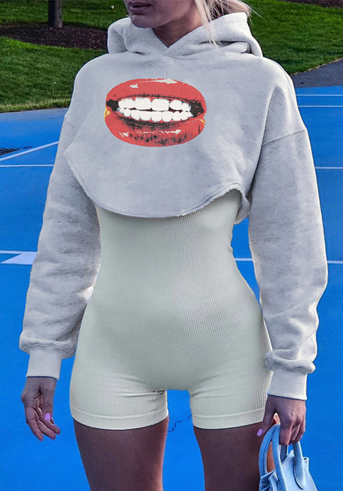 Women American Street Sports Long Sleeve Loose Big Red Lip Crop Hoodies