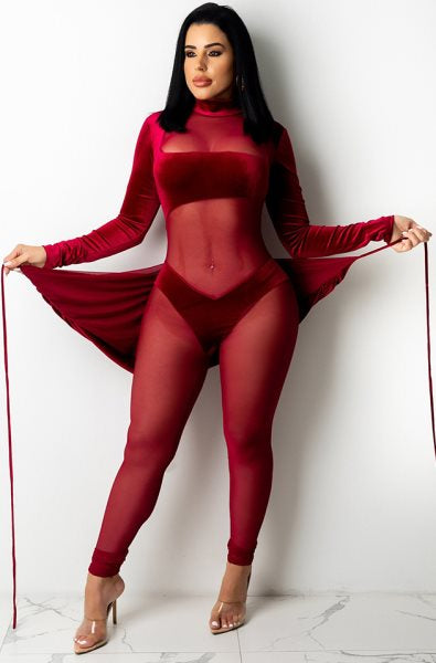 Autumn Party Sexy Mesh Patch Velour Tight Red Jumpsuit 4