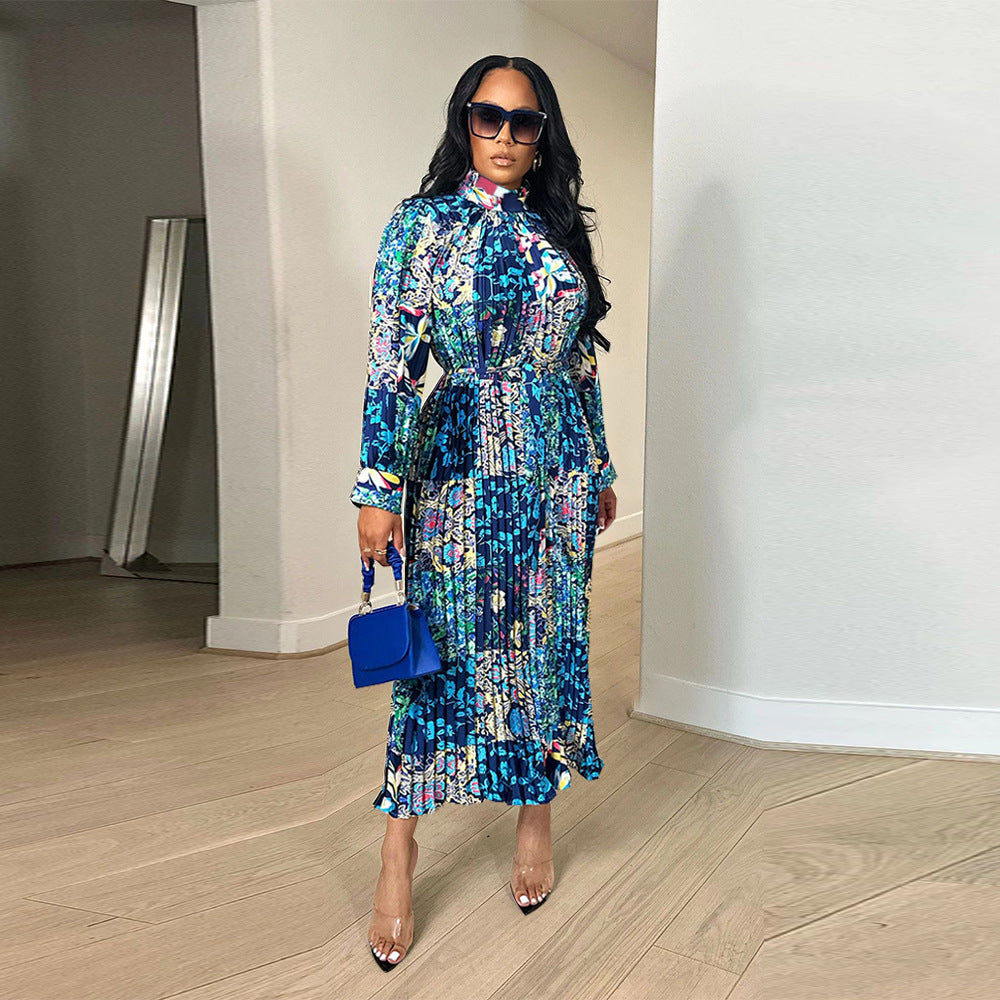 Women Autumn Printed Long Sleeve Pleated Dress 3