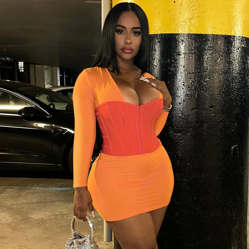 Women Contrast Patchwork Bodycon Dress 3