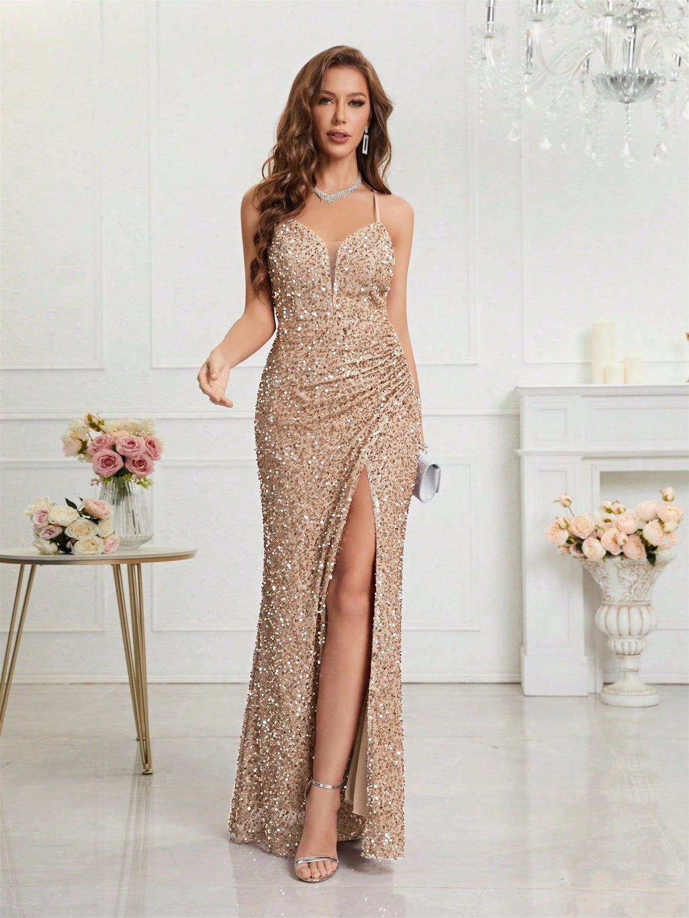 Women Formal Party v-neck sequined evening dress 4