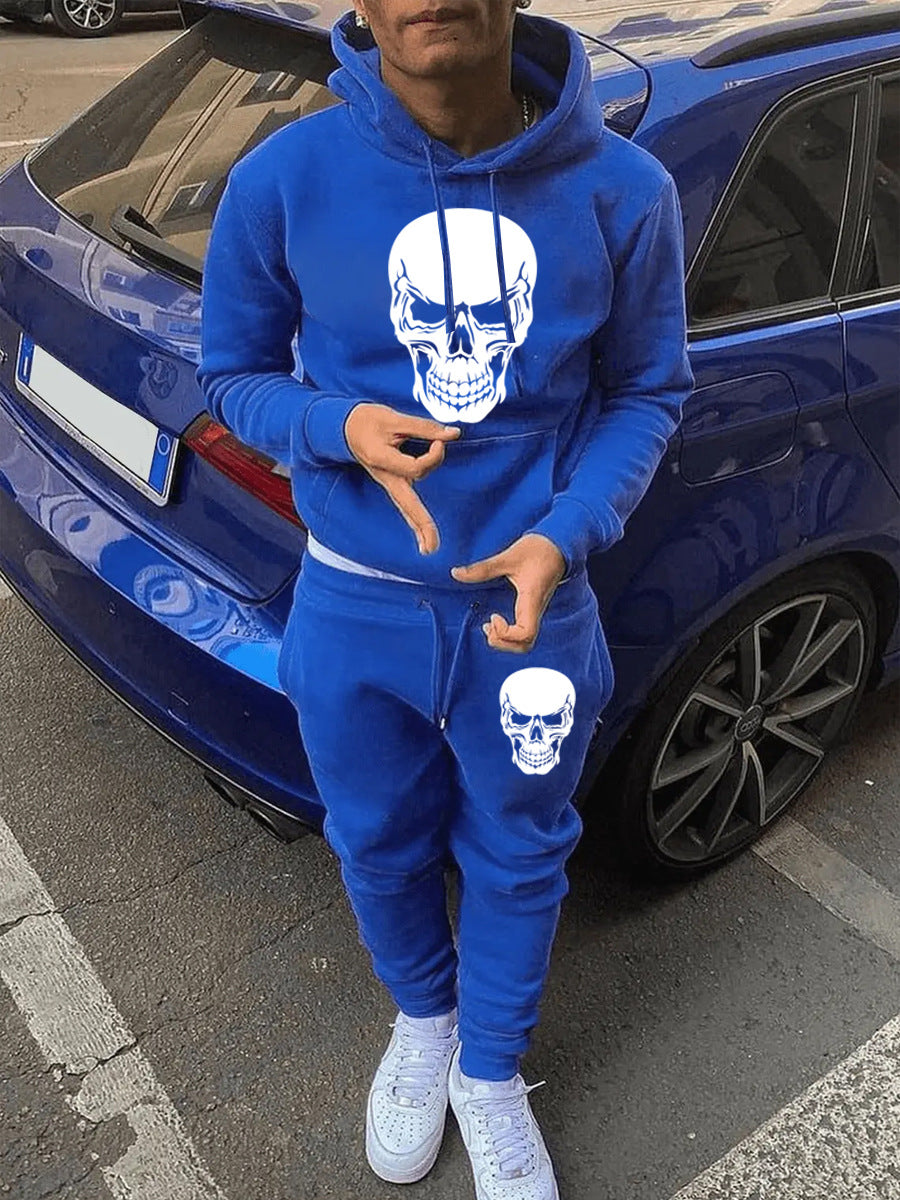 Men's Autumn and Winter Casual Skull Print Hoodies and Sweatpants Two-piece Set 4